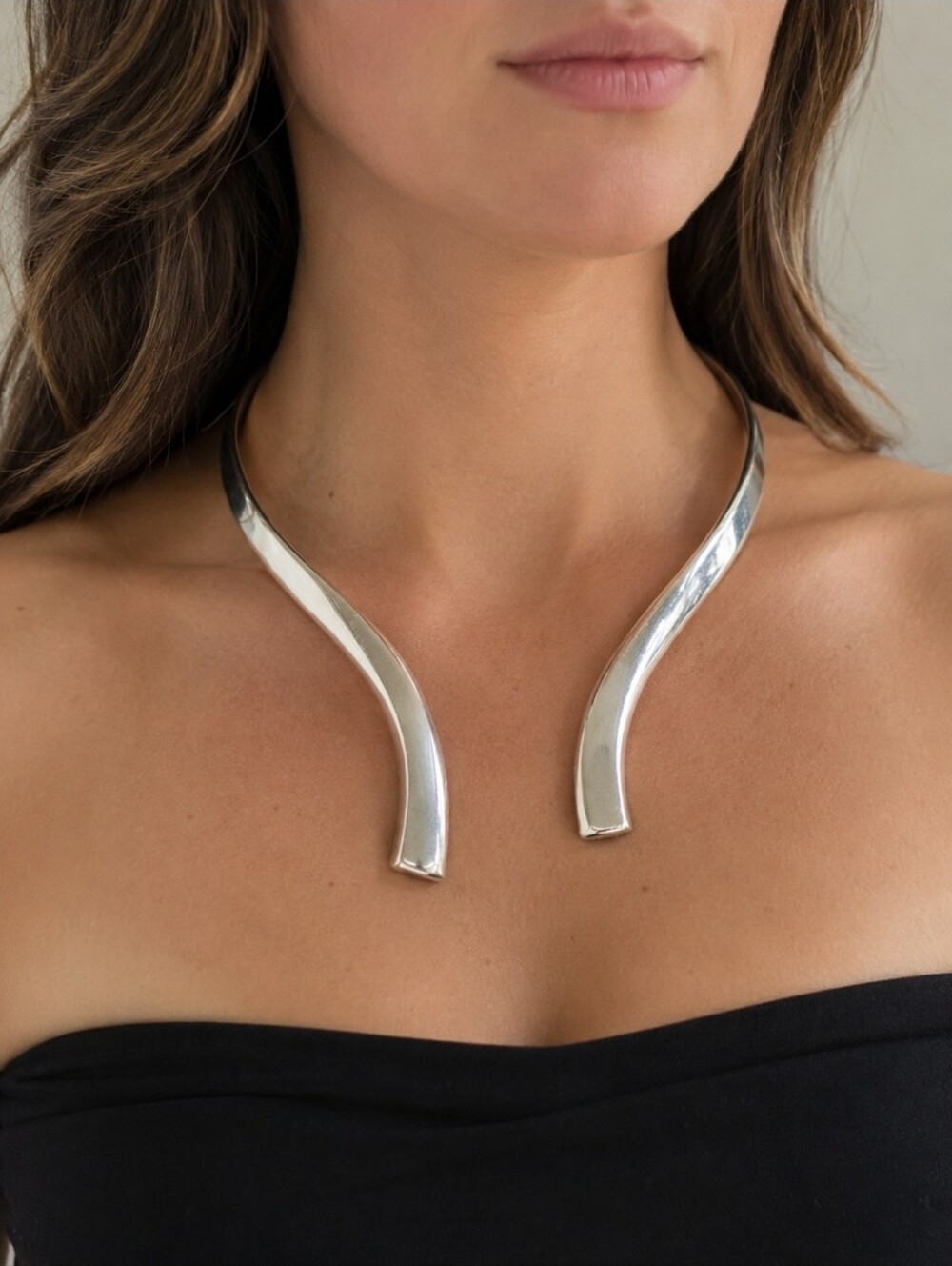 Vintage Taxco Mexico 925 Sterling Silver Modernist Open Collar Choker Necklace